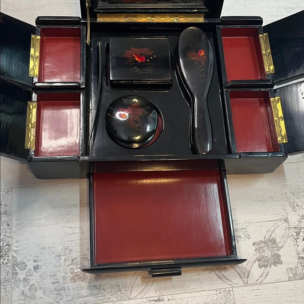 Vintage Chinoiserie Lacquer Vanity Set Goldfish Design